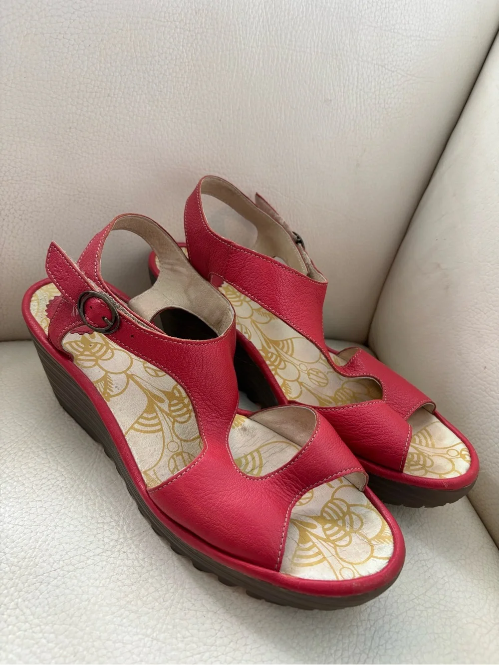 Fly London Red Leather Wedge Sandals